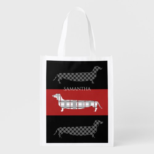Plaid Dachshunds on Red and Black Grocery Bag