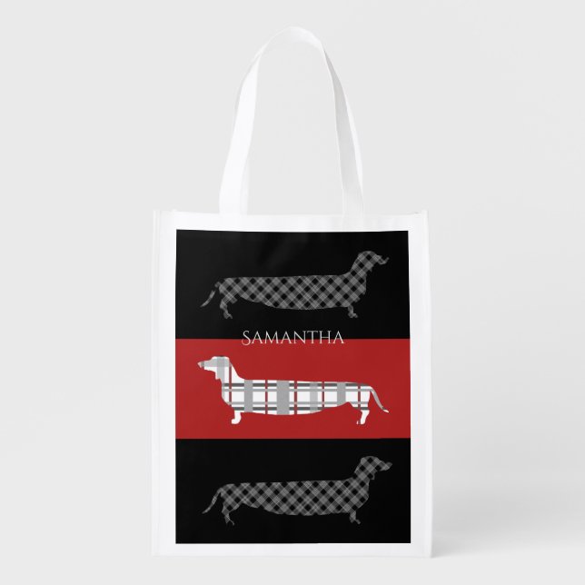 Plaid Dachshunds on Red and Black Grocery Bag (Front)