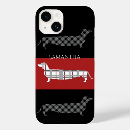 Plaid Dachshunds on Red and Black Personalised Case_Mate iPhone 14 Case
