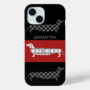 Plaid Dachshunds on Red and Black Personalised iPhone 15 Case