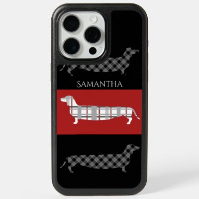 Plaid Dachshunds on Red and Black Personalised iPhone 15 Pro Max Case