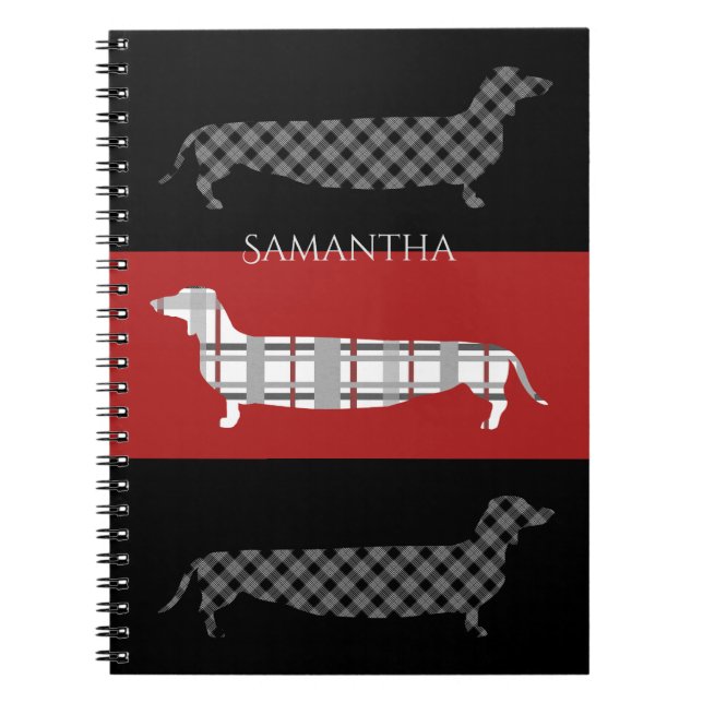 Plaid Dachshunds on Red and Black Personalised Notebook (Front)