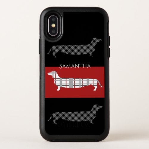 Plaid Dachshunds on Red and Black Personalised OtterBox Symmetry iPhone X Case