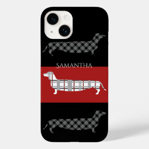 Plaid Dachshunds on Striped Personalised Case-Mate iPhone 14 Case