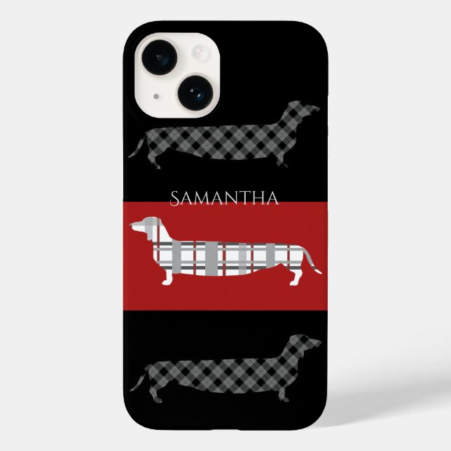 Plaid Dachshunds on Striped Personalised Case-Mate iPhone Case (Back)