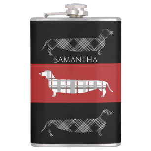 Plaid Dachshunds on Striped Personalised Flask