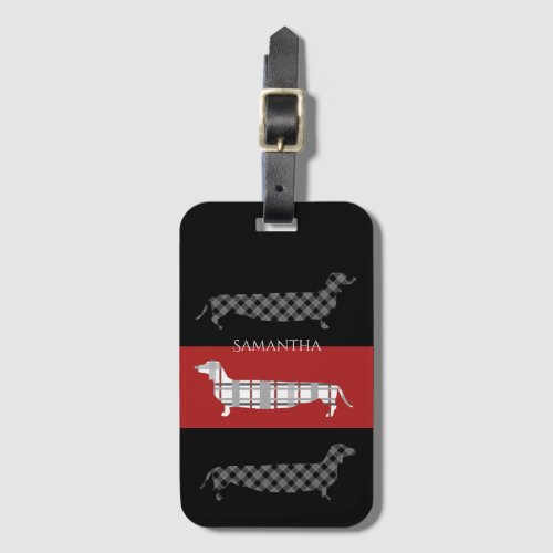 Plaid Dachshunds on Striped Personalised Luggage Tag