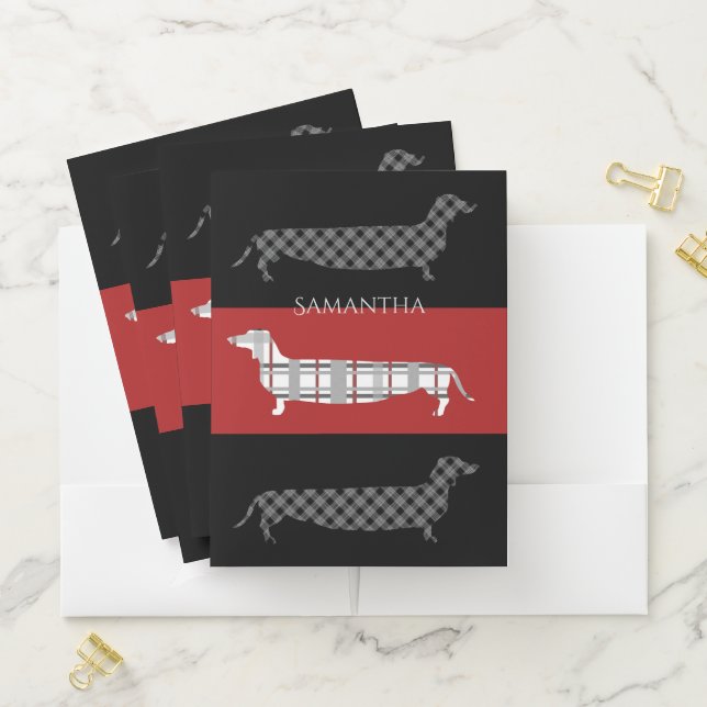 Plaid Dachshunds on Striped Personalised Pocket Folder (In Situ)