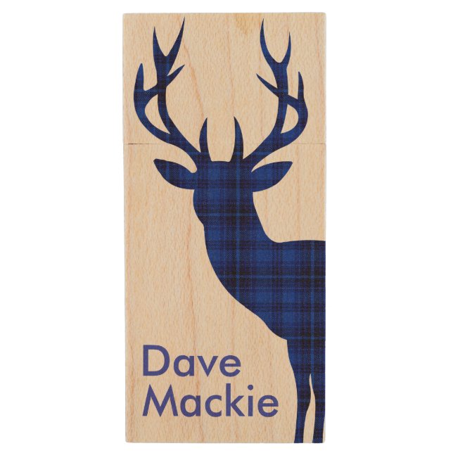 Plaid Deer | blue Wood USB Flash Drive (Front Vertical)
