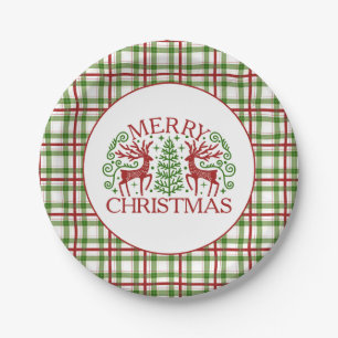 Plaid Deer Christmas Paper Plates