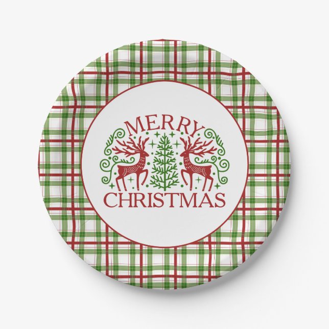 Plaid Deer Christmas Paper Plates (Front)