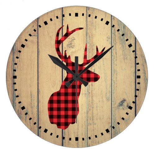Plaid Deer Head with Antlers on Faux Wood Large Clock