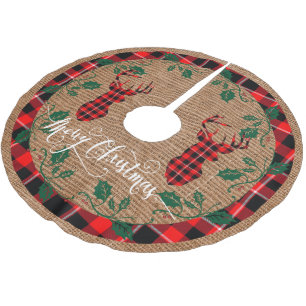 Plaid Deer Heads on Burlap - Mountain Cabin Style Brushed Polyester Tree Skirt