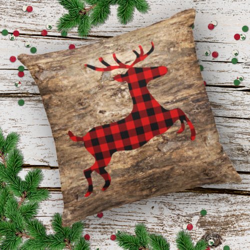 Plaid Deer On Faux Brown Tree Bark Texture Pattern Outdoor Pillow
