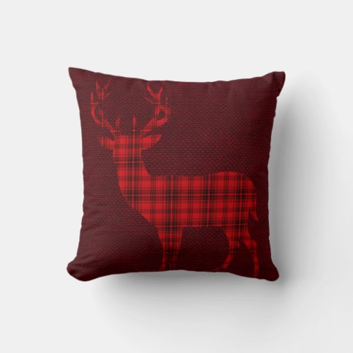 Plaid Deer Silhouette on Burlap  red burgundy Throw Pillow