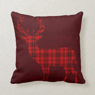 Plaid Deer Silhouette on Burlap   red burgundy Throw Pillow