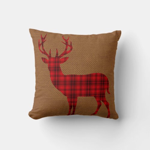 Plaid Deer Silhouette on Burlap  red tan Throw Pillow