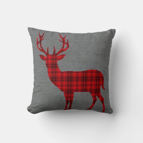 Plaid Deer Silhouette on Burlap  red Throw Pillow