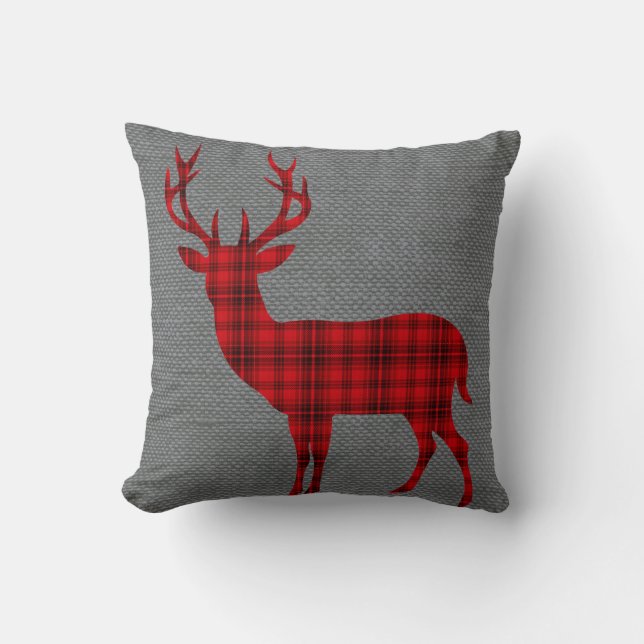 Plaid Deer Silhouette on Burlap | red Throw Pillow (Front)