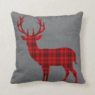 Plaid Deer Silhouette on Burlap   red Throw Pillow