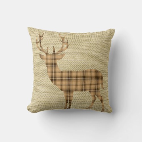 Plaid Deer Silhouette on Burlap  tan beige Throw Pillow