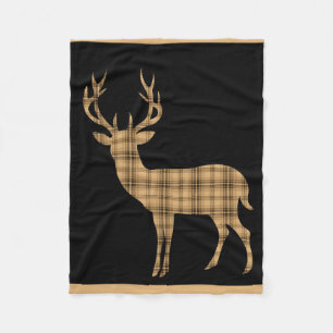 Plaid Deer Stag Silhouette black cream tan Fleece Blanket