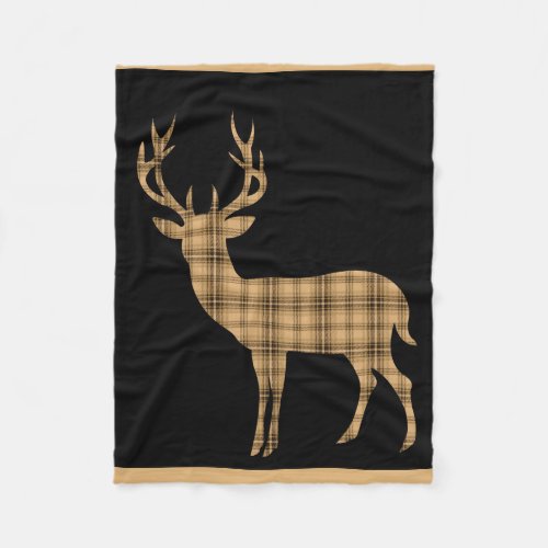 Plaid Deer Stag Silhouette  black cream tan Fleece Blanket