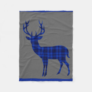 Plaid Deer Stag Silhouette charcoal cobalt blue Fleece Blanket