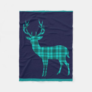 Plaid Deer Stag Silhouette teal navy blue Fleece Blanket