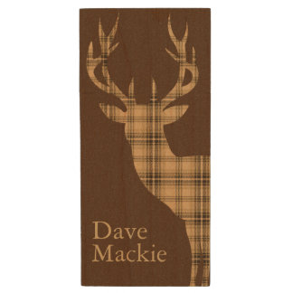 Plaid Deer | tan brown Wood USB Flash Drive