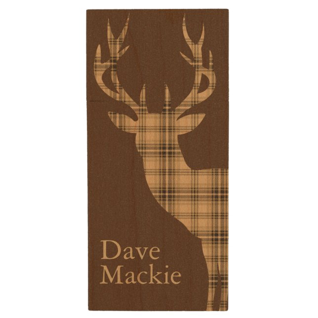Plaid Deer | tan brown Wood USB Flash Drive (Front Vertical)