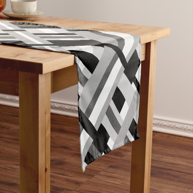 Plaid Diagonal in Black, White & Gray Short Table Runner (In Situ)