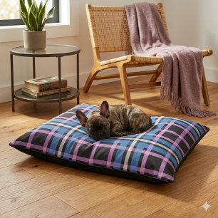 Plaid Dog Bed – Blue & Lavender Checkered Pet