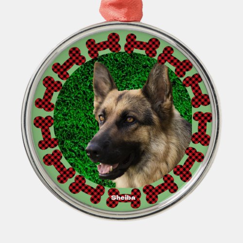 Plaid Dog Bone Frame Cute Doge Photo Christmas Metal Ornament