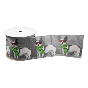 Plaid Dog Lover Cute Boston Terrier Christmas Satin Ribbon