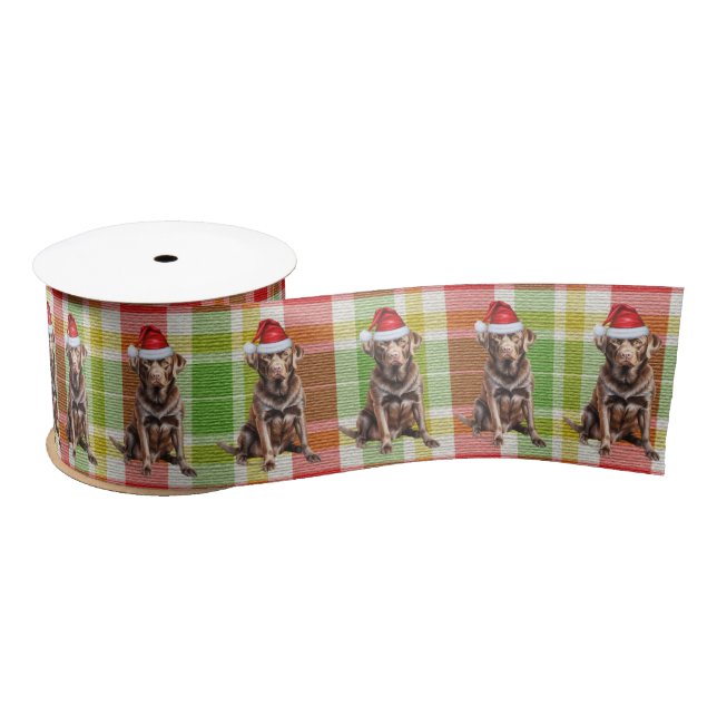 Plaid Dog Lover Funny Chocolate Labrador Christmas Satin Ribbon (Spool)