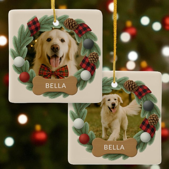 Plaid Dog Name Photo Holiday Christmas Farmhouse  Ceramic Ornament (Creator Uploaded)