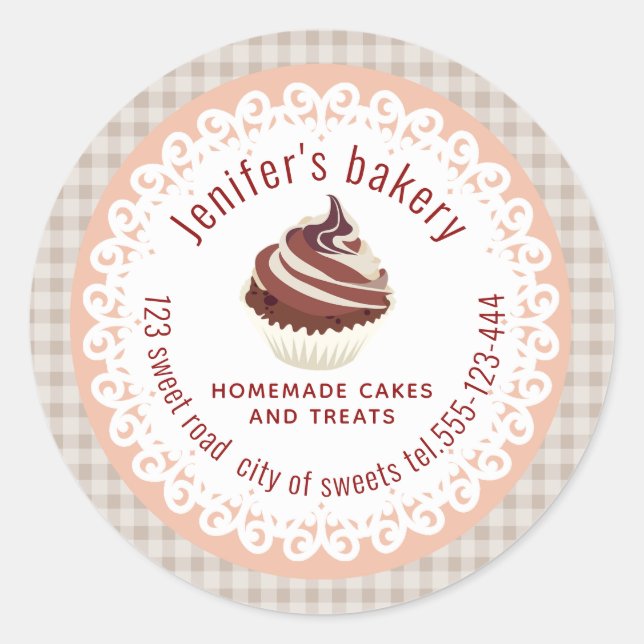 Plaid doily lace Homemade cupcakes and treats Classic Round Sticker (Front)