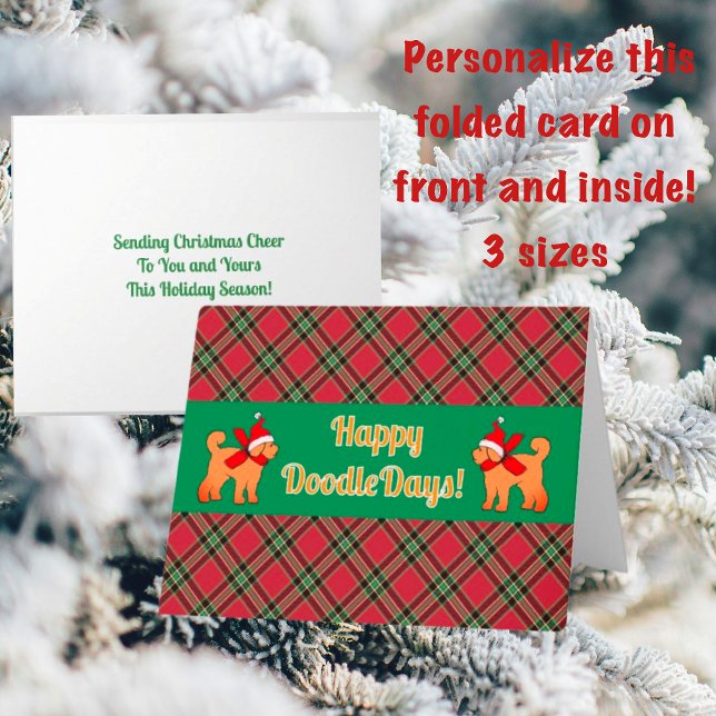 Plaid Doodle Golden Yellow Dog Personalized  Card (Red Green Plaid background)