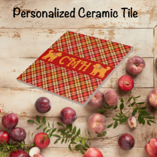 Plaid Doodle Golden Yellow Dog Personalized Ceramic Tile