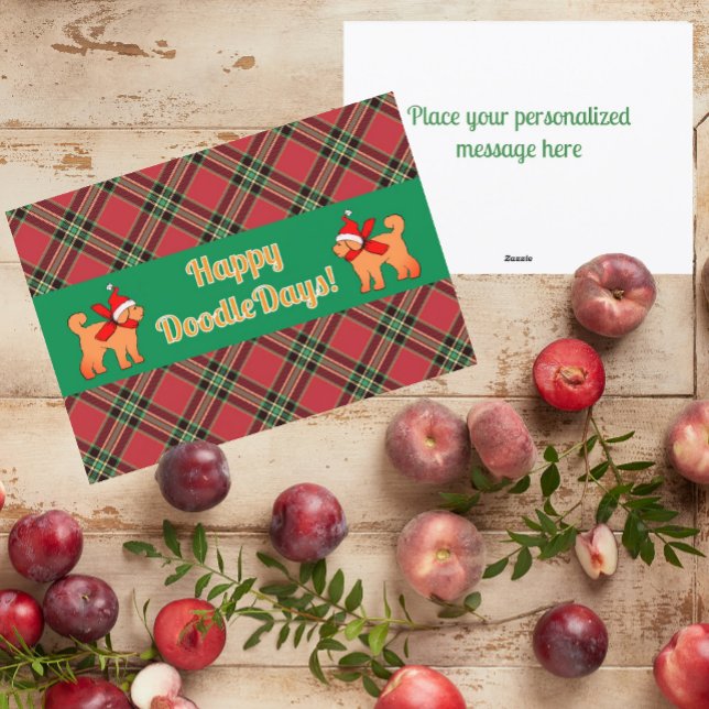 Plaid Doodle Golden Yellow Dog Personalized  Holiday Card (Fun cute doodle yellow puppy can be personalized.)