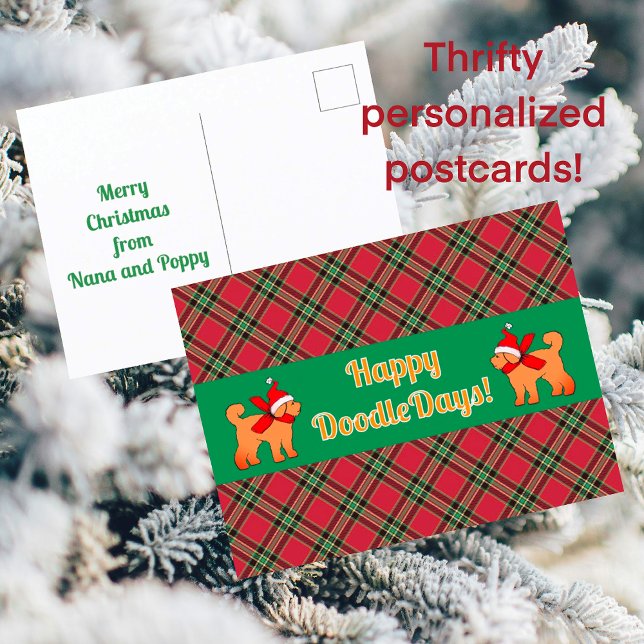 Plaid Doodle Golden Yellow Dog Personalized  Holiday Postcard (Save money with thrifty personalized holiday cards)