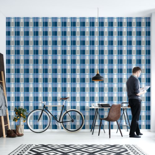 Plaid effect calm blues grey and white wallpaper 