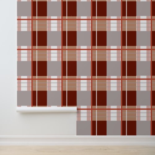 Plaid effect earthy red browns grey and white wallpaper 