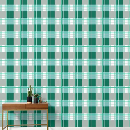 Plaid effect fresh green teal grey and white wallpaper 