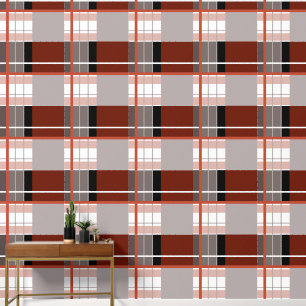 Plaid effect striking red, grey, black and white wallpaper