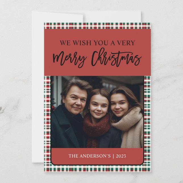 Plaid Elegant Green and Red Photo Holiday Card (Front)