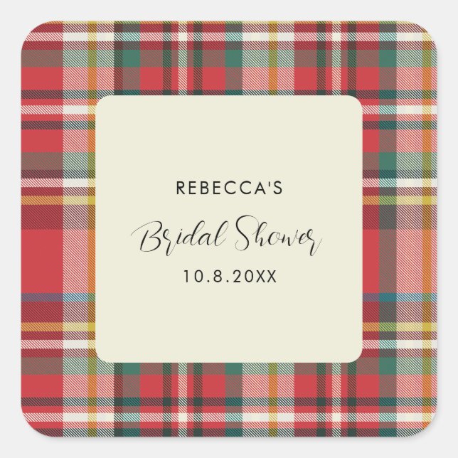 Plaid Elegant Rustic Script Bridal Shower Square Sticker (Front)