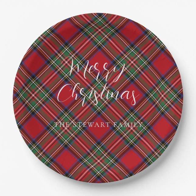 Plaid Elegant Script Stewart Tartan Custom Paper Plates (Front)