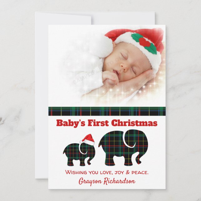 Plaid Elephants Baby's First Christmas Photo Holiday Card (Front)